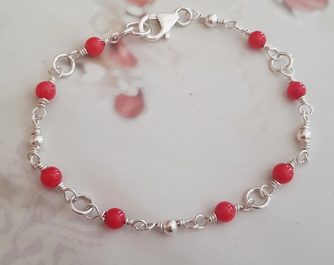 Tiny Red Coral Bracelet Sterling Silver or Gold red Coral gemstone Bead Bracelet beaded wire wrapped jewellery Root Chakra crystal healing