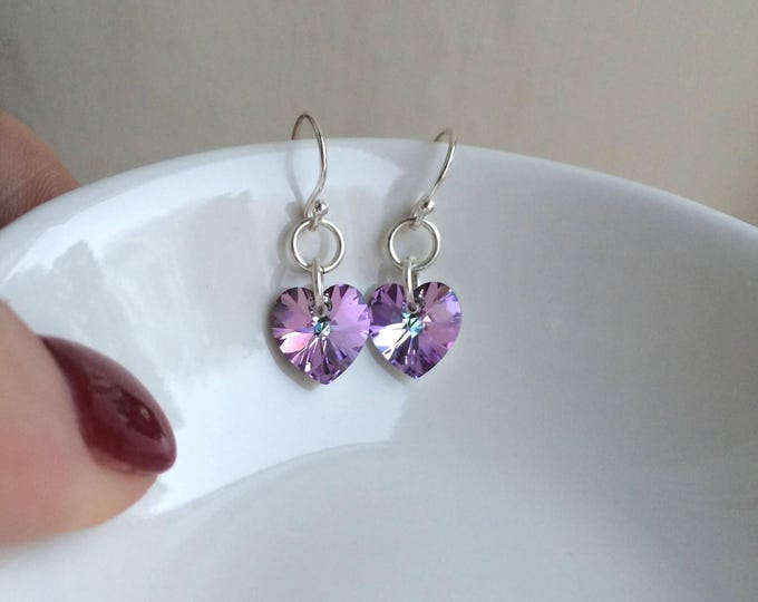 Small Light Vitrail purple Swarovski crystal heart earrings on Sterling Silver or Gold Fill fastenings of your choice Swarovski jewelry gift