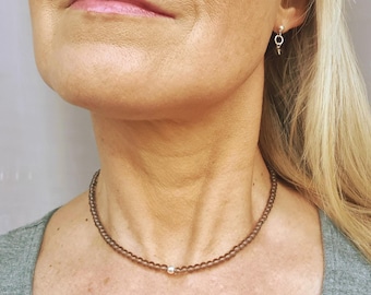 Smoky Quartz necklace choker Sterling Silver / Gold Fill tiny 4mm Brown gemstone bead necklace Chakra jewellery Smokey Quartz jewellery gift