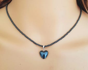 Tiny Black HEART beaded necklace choker Sterling Silver black Hematite gemstone bead necklace Chakra necklace heart jewellery Yoga gift