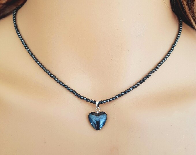 Tiny Black HEART beaded necklace choker Sterling Silver black Hematite gemstone bead necklace Chakra necklace heart jewellery Yoga gift