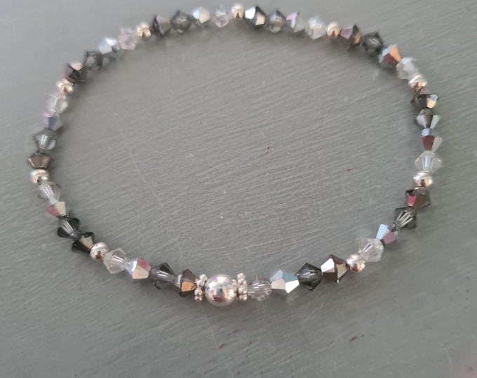 GREY Swarovski crystal stretch bracelet Sterling Silver tiny 4mm grey shades beaded bracelet sparkly Swarovski Crystal jewellery gift mum