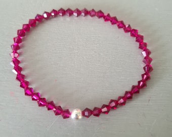 Pink crystal stretch bracelet Sterling Silver or Gold tiny 4mm Fushia pink bead stacking bracelet Arthritis jewellery gift for girl teenager