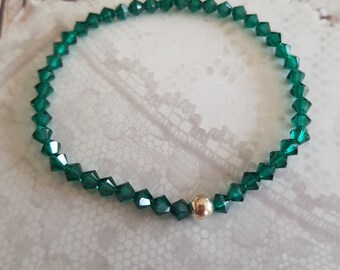 Emerald Green Swarovski crystal stretch bracelet Sterling Silver or Gold Filled tiny green bead bracelet - May Birthstone jewellery gift mum