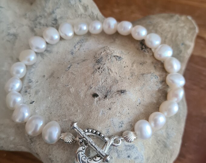 Baroque Freshwater Pearl bracelet antiqued Silver toggle white real pearl bracelet 7mm large genuine pearl bracelet jewellery gift for mum