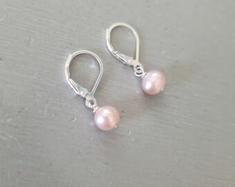 Pink Freshwater pearl drop earrings Sterling Silver or Gold Fill real 7mm pastel pink pearl earrings June birthstone jewellery gift for her
