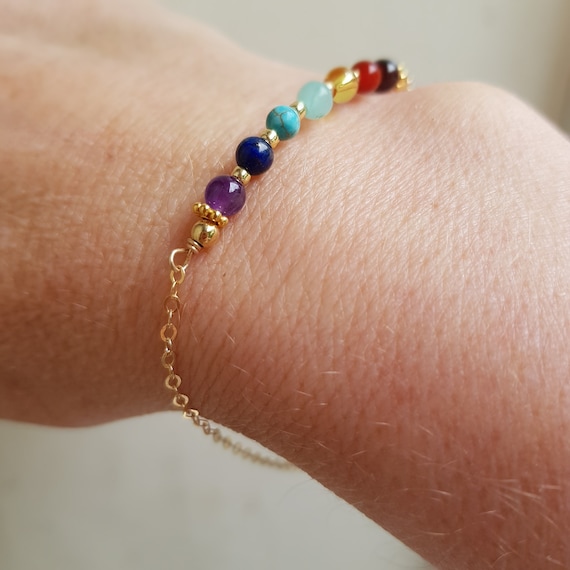 7 Chakra Bracelet 14K Gold Fill or Sterling Silver Tiny Multi 7