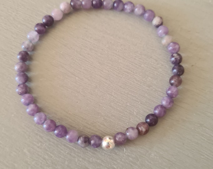 Purple Lepidolite stretch Bracelet with Sterling Silver or 14K Gold Fill bead - THIRD EYE Crown Chakra jewellery gift - Emotional Balance