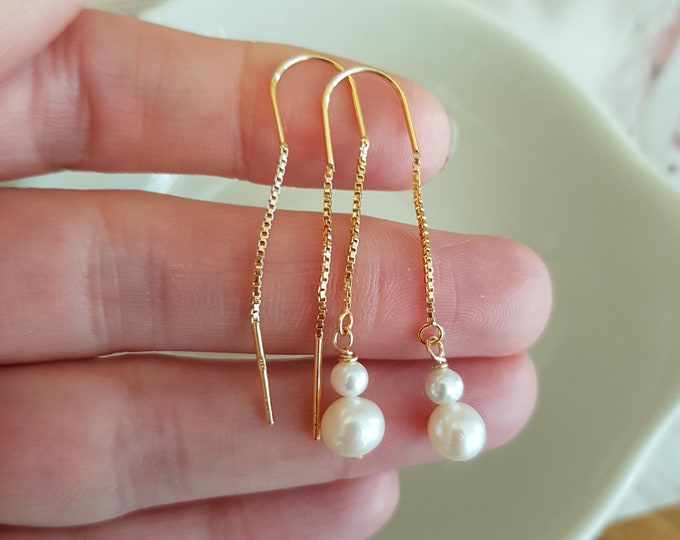 24K Gold Fill Freshwater pearl earrings or Sterling Silver threader Small real pearl drop earrings long white pearl earrings gift for her