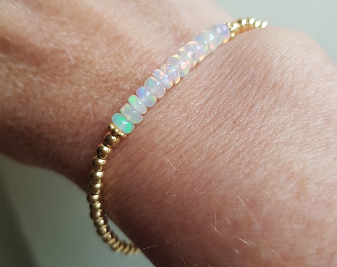 Real Ethiopian OPAL stretch Bracelet 14K Gold Fill tiny 4mm gemstone bead Bracelet OCTOBER Birthstone jewellery gift Welo Opal jewelry