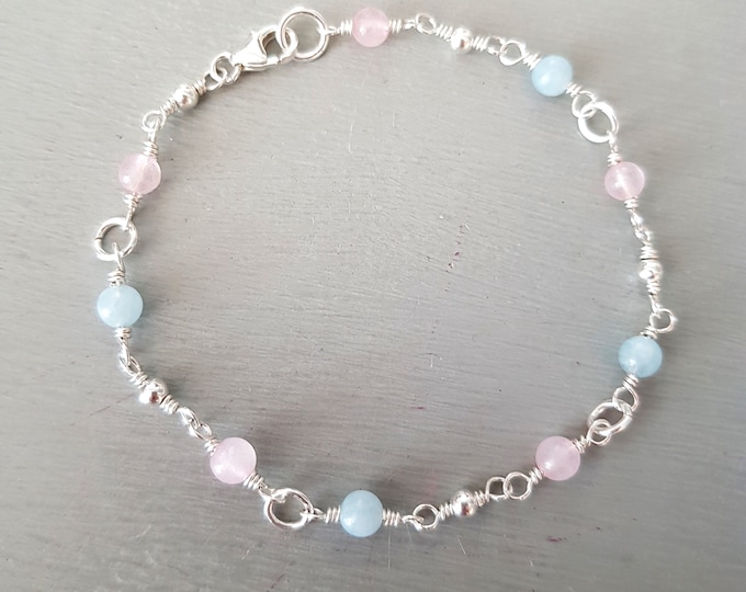 Tiny Aquamarine & Rose Quartz bracelet Sterling Silver fertility bracelet gemstone Bead Bracelet wire wrapped healing crystal gift for wife
