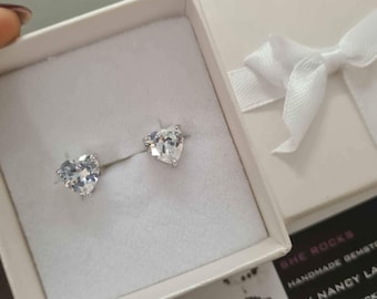 Small Cubic Zircon diamond heart stud earrings 8mm CZ diamond studs Sparkly bridal studs Wedding anniversary April Birthstone jewellery gift