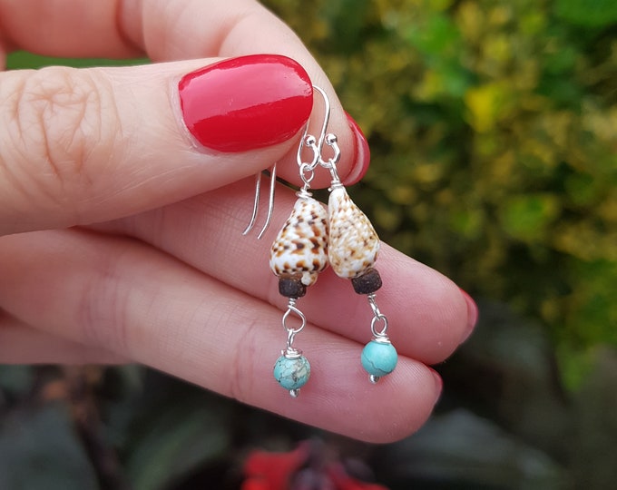 Tiny Turquoise & shell earrings Sterling Silver or 14K Gold Fill Turquoise and real shell drop earrings boho honeymoon holiday jewellery