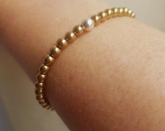 GOLD Hematite stretch bead Bracelet with Sterling Silver or Gold Fill accent bead 4mm Gold gemstone beaded Bracelet stacking jewellery gift