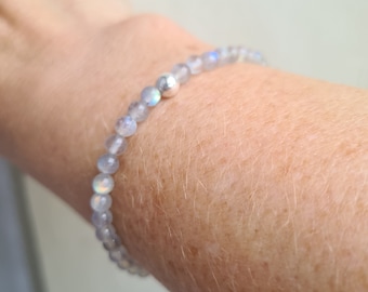 LABRADORITE gemstone bead stretch Bracelet with Sterling Silver or Gold Fill accent bead -  Chakra jewellery Gift