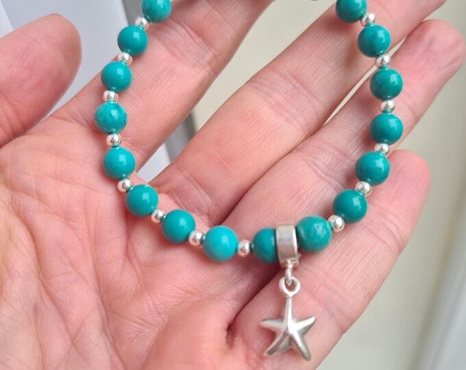 Turquoise STRETCH Bracelet Sterling Silver Star Fish 6mm green blue gemstone bead Bracelet honeymoon Holiday jewellery gift OOAK