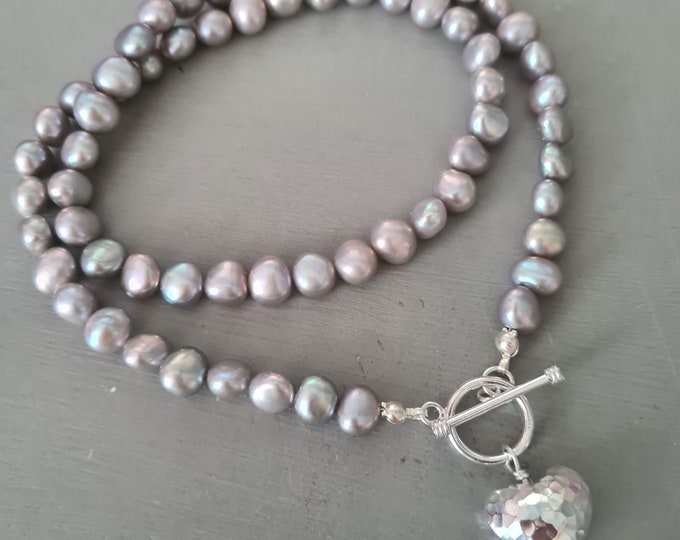 Grey Baroque Freshwater Pearl necklace Sterling Silver hammer heart toggle gray pearl necklace large grey pearl necklace Pearl jewelry gift