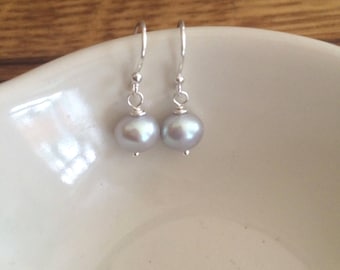Grey Freshwater pearl earrings Sterling Silver simple Baroque pearl drop earrings grey pearl earrings small pearl jewellery gift for mum her
