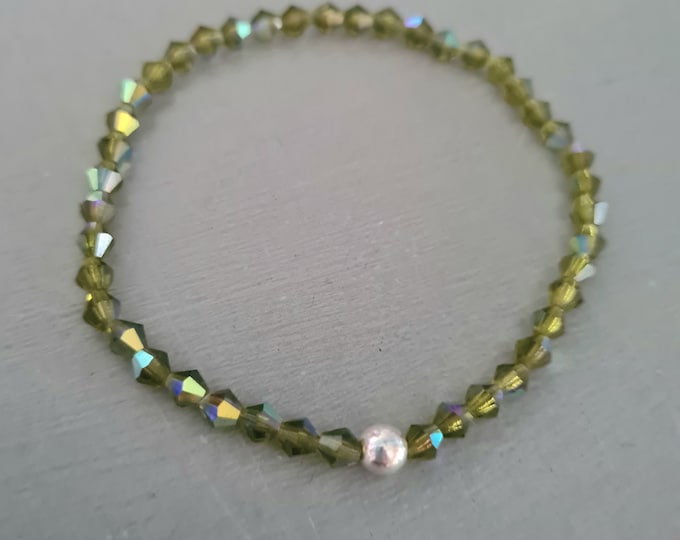 Olive Green crystal stretch bracelet Sterling Silver / Gold tiny 4mm Olive green AB Crystal bead bracelet stacking Swarovski jewellery gift