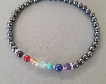 7 CHAKRA Bracelet Black Hematite Sterling Silver or Gold Fill tiny 4mm gemstone bead Bracelet stretch Bracelet Chakra healing jewellery gift