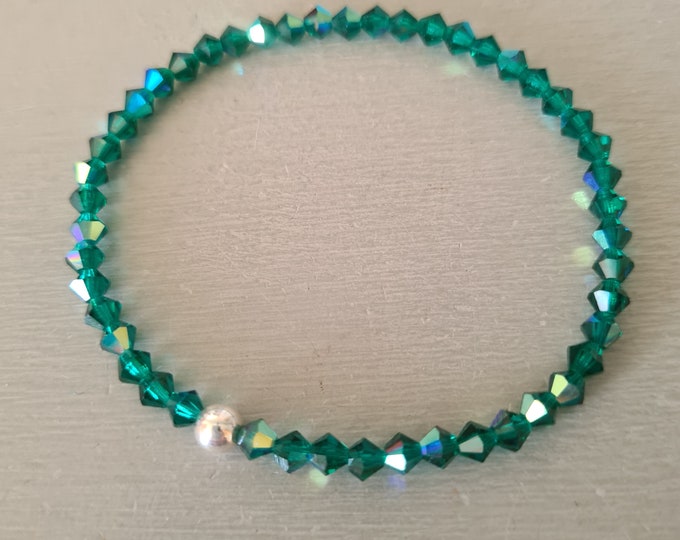 Emerald green crystal stretch bracelet Sterling Silver or Gold Fill tiny 4mm Emerald AB green beaded bracelet May Birthstone jewellery gift