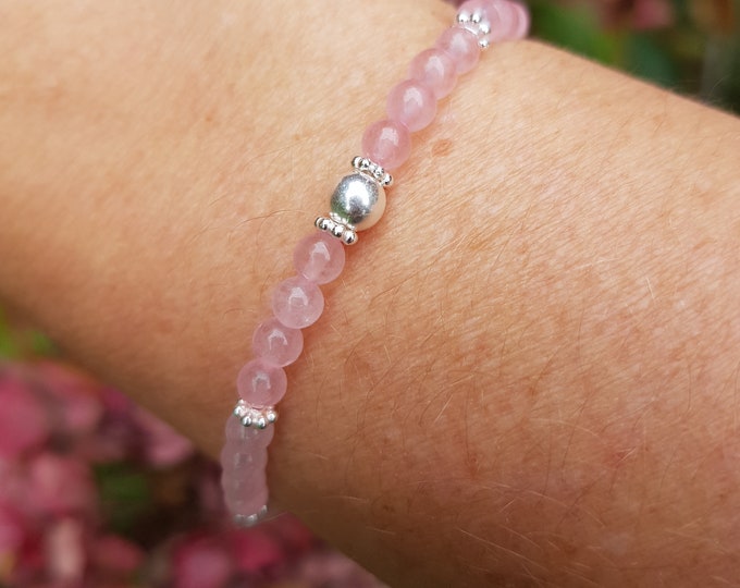 Tiny ROSE QUARTZ gemstone bead stretch Bracelet with Sterling Silver or 14K Gold Fill bead - January Birthstone jewellery gift