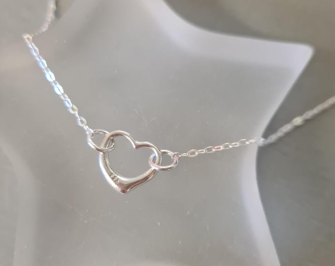 Sterling Silver heart necklace floating heart necklace small Silver open heart choker heart pendant Valentines gift 25th Anniversary gift