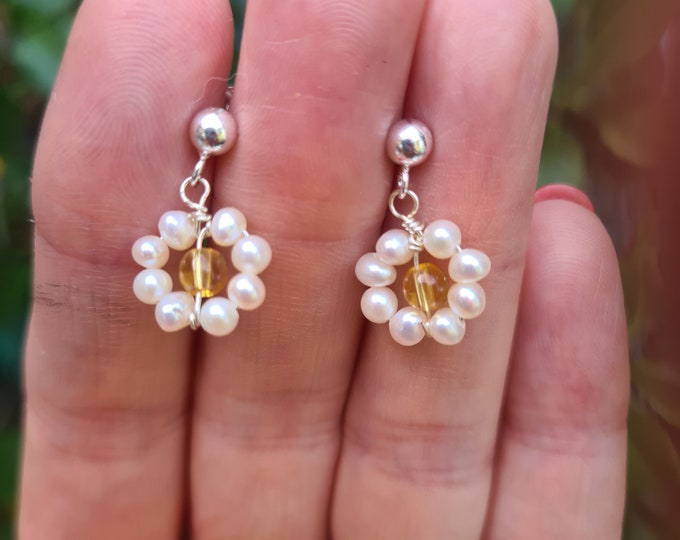 Tiny Freshwater pearl earrings Sterling Silver real white seed pearl daisy flower earrings June Birthstone jewellery gift for girl sister