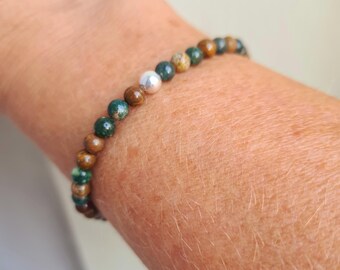 Tiny Ocean Jasper stretch bracelet Sterling Silver or Gold Fill natural 4mm Green brown gemstone bead Bracelet Heart Chakra jewellery gift