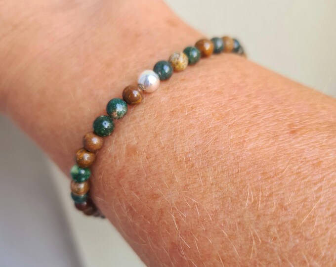 Tiny Ocean Jasper stretch bracelet Sterling Silver or Gold Fill natural 4mm Green brown gemstone bead Bracelet Heart Chakra jewellery gift