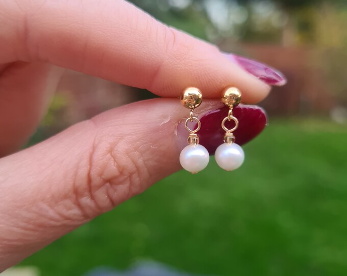 Tiny Freshwater pearl drop earrings 14 Gold Fill Stud small genuine 5mm real white pearl earring June Birthstone jewellery gift for girl