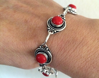 Red Coral gemstone bracelet 925 Silver - Vintage Boho jewellery- 35th anniversary gift for wife her