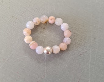 PINK OPAL STRETCH ring with Sterling Silver or Gold Fill bead - pink Peruvian Opal gemstone bead ring - October Birthstone jewellery gift