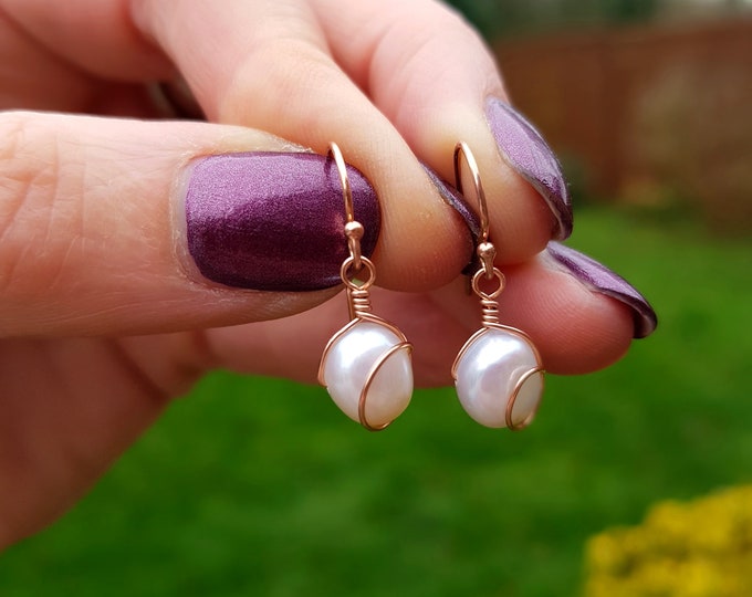 Rose Gold Freshwater pearl earrings 14K Rose Gold Fill Baroque pearl earrings white pearl drop earrings wire wrapped earrings  gift for her