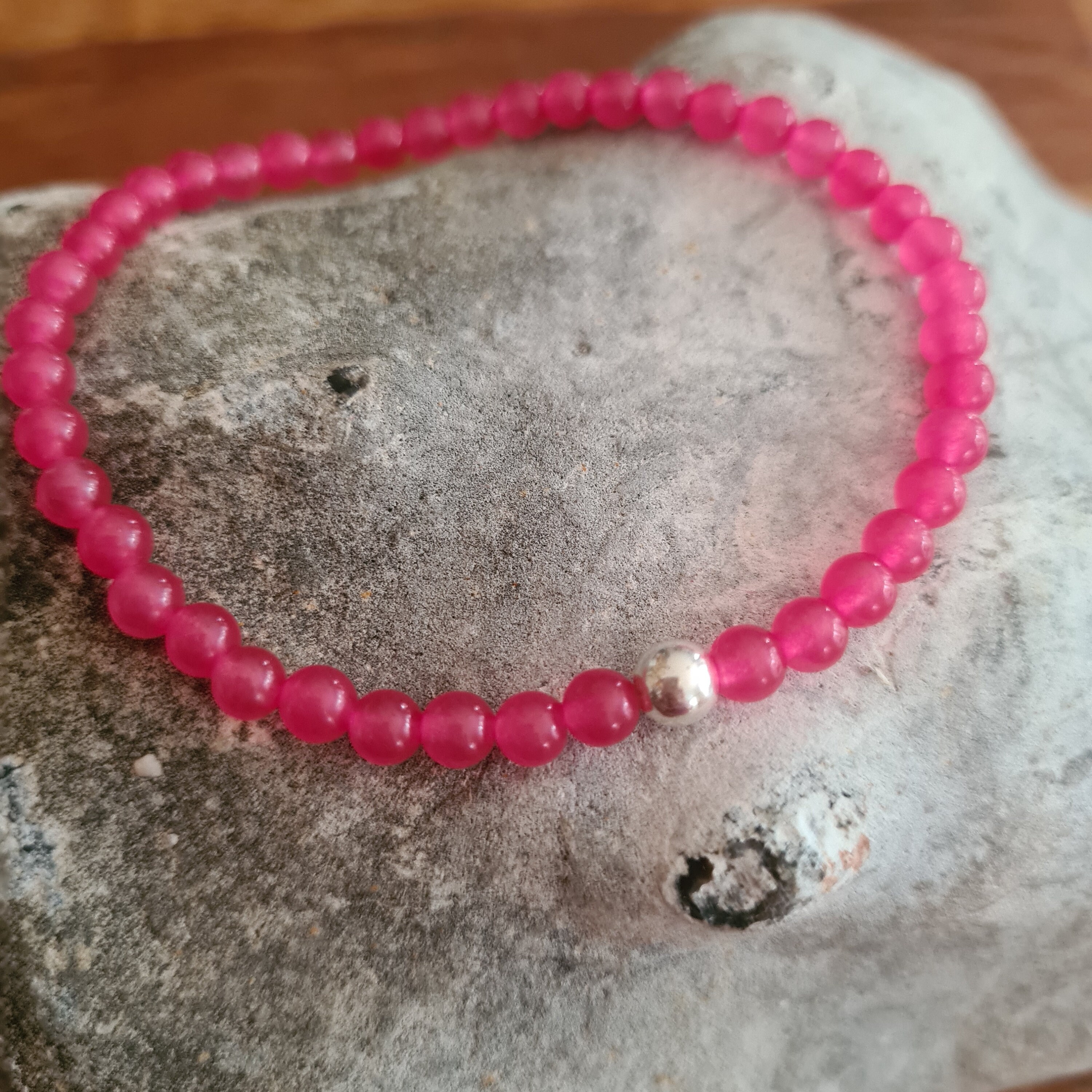 Raspberry Pink Ruby Jade stretch Bracelet with a Sterling Silver or 14K