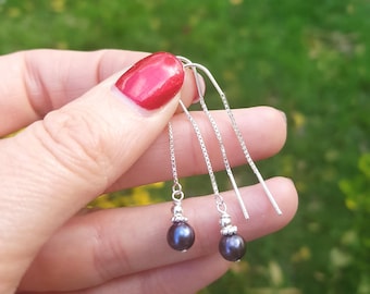 Peacock Freshwater pearl threader earrings Sterling Silver / Gold long real pearl Blue Black earrings June Birthstone jewellery gift for her