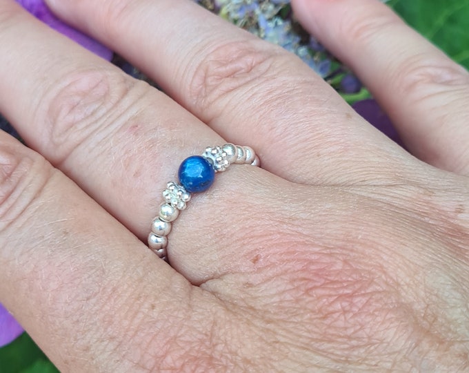 Blue Kyanite stretch ring Sterling Silver or 14K Gold fill small blue gemstone bead Ring throat chakra Kyanite jewellery gift for her girl
