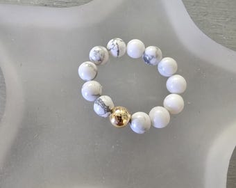 WHITE HOWLITE STRETCH ring with Sterling Silver or 14k Gold Fill bead