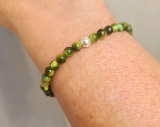 Green TIGERS EYE Bracelet Sterling Silver or Gold Fill tiny 4mm green gemstone Bead stretch Bracelet Tiger's Eye Solar Chakra jewellery Gift