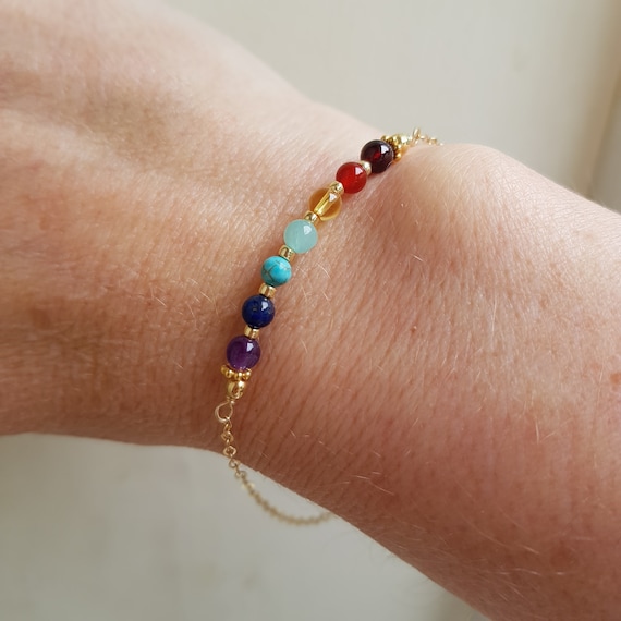 7 Chakra Bracelet 14K Gold Fill or Sterling Silver Tiny Multi 7