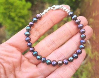 Peacock Freshwater Pearl bracelet Sterling Silver or Gold 6-7mm oily black Freshwater pearl bracelet June Birthstone jewellery gift for her
