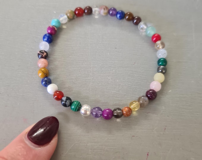 Multi gemstone bead stretch Bracelet Sterling Silver / Gold Fill tiny random 4mm multi colour rainbow bead Bracelet jewellery gift for girl
