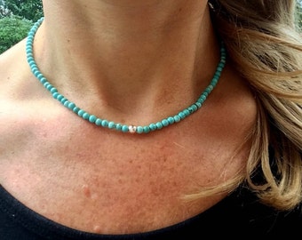 Turquoise choker necklace Sterling Silver blue Turquoise beaded gemstone necklace tiny 4mm Turquoise bead necklace Birthstone jewelry gift