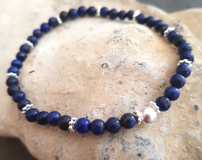 Lapis stretch Bracelet Sterling Silver 14K  Gold Fill tiny 4mm blue gemstone bead bracelet Lapis Lazuli September Birthstone jewellery gift