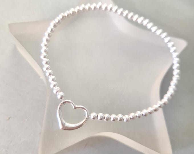 Sterling Silver stretch bracelet with heart tiny 3mm Silver bead bracelet love Valentine's gift wedding anniversary gift mum girlfriend girl