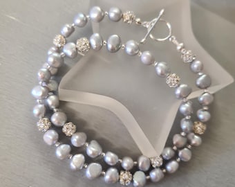 Grey Baroque Freshwater Pearl necklace with diamante ball beads and Sterling Silver toggle clasp real pearl mother of the bride Gift wedding
