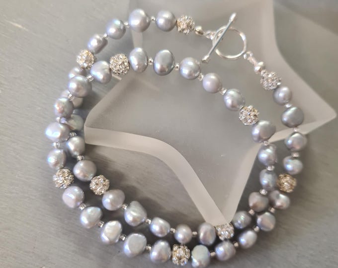 Grey Baroque Freshwater Pearl necklace with diamante ball beads and Sterling Silver toggle clasp real pearl mother of the bride Gift wedding