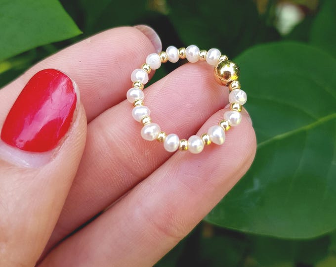 Tiny white Freshwater seed Pearl stretch ring in 14K Gold Fill or Sterling Silver - real pearl June Birthstone jewellery gift for her - mum