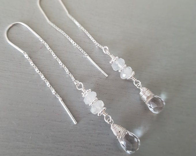 Clear Quartz and Moonstone earrings Sterling Silver or Gold Fill clear gemstone bead earrings wire wrapped April birthstone jewellery gift