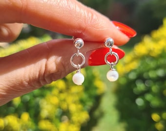 Tiny Mother of Pearl earrings Sterling Silver stud or Gold small MOP drop earrings white gemstone bead earrings 1st Wedding Anniversary gift